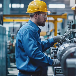 Man in yellow hard hat working on machinery