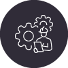 Gears and a man in a hard hat icon with grey circle around it